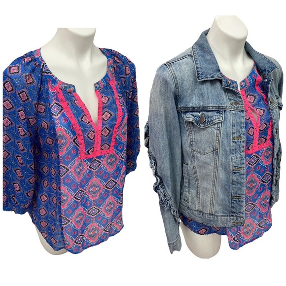 BP Womens Ruffle Denim Jacket Top Combo Size Small Blue Pink Pockets - Picture 2 of 12